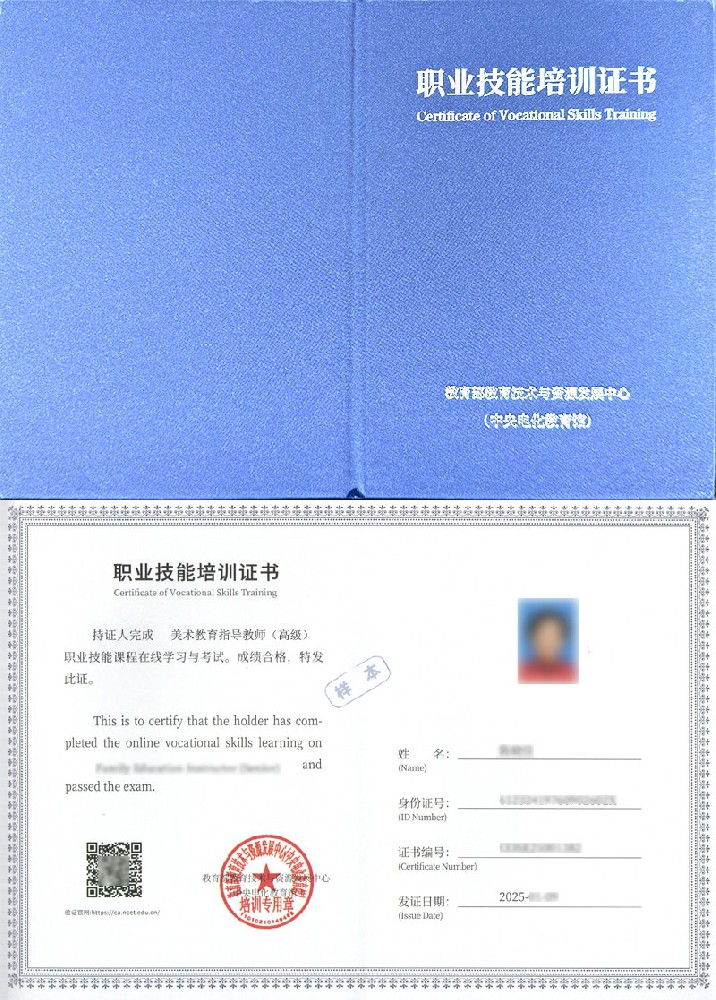 教育部教育技术与资源发展中心(中央电化教育馆) 职业技能培训证书 美术教育指导教师证证书样本